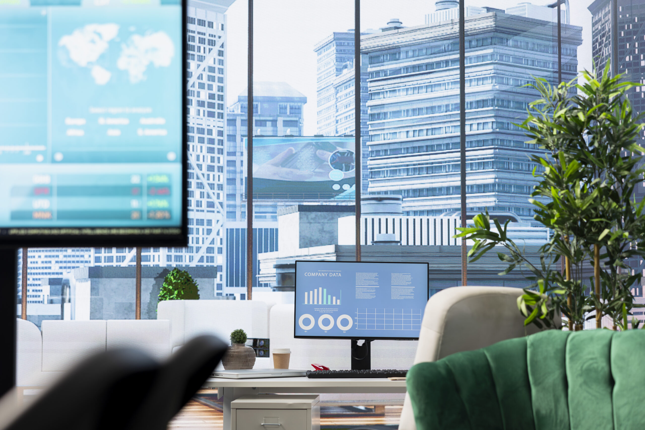 Business performance statistics on a screen in a boardroom