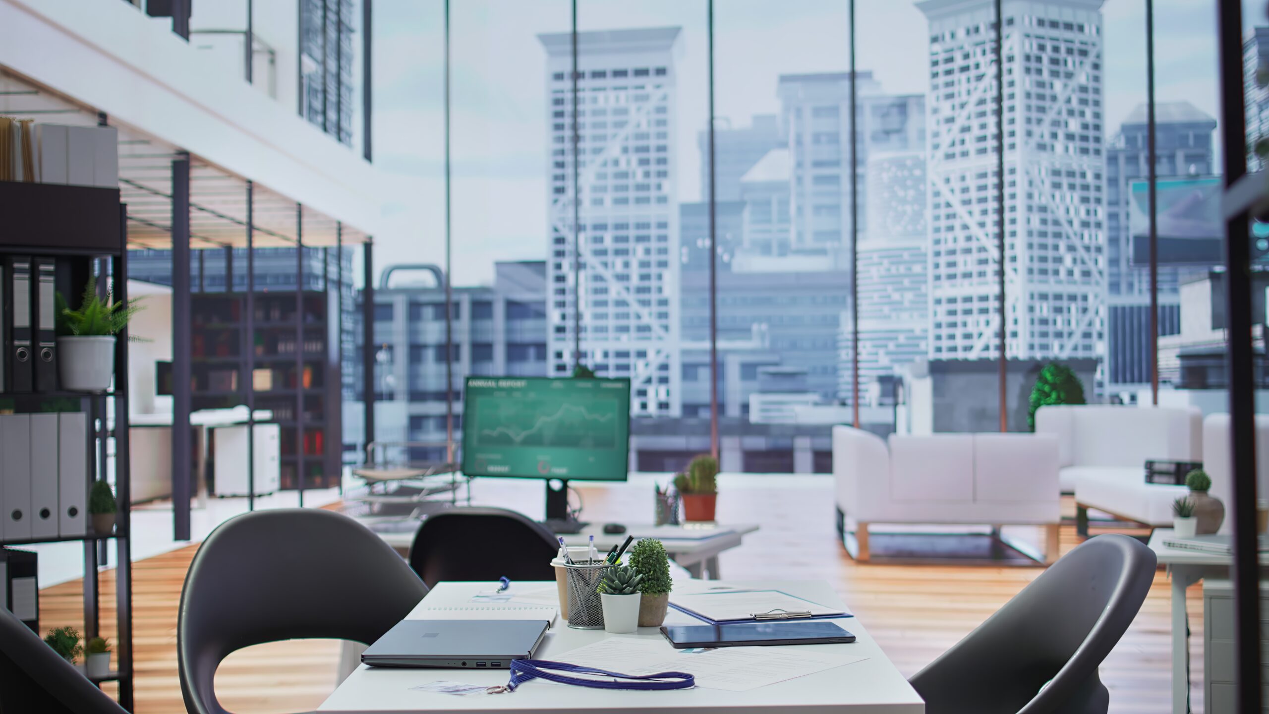 Modern office workspace laid out for client meetings