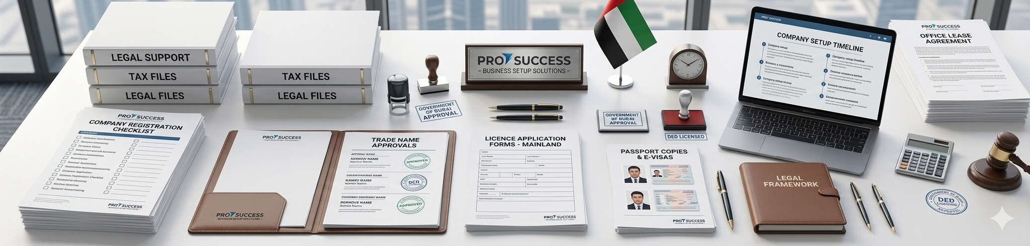 ProSuccess company registration checklist, trade name approvals, licence application forms and legal files laid out on an office desk