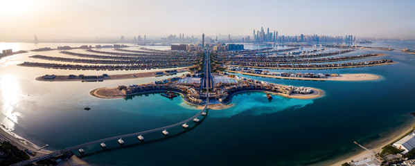 Aerial view of Palm Jumeirah with the Dubai Marina skyline behind it