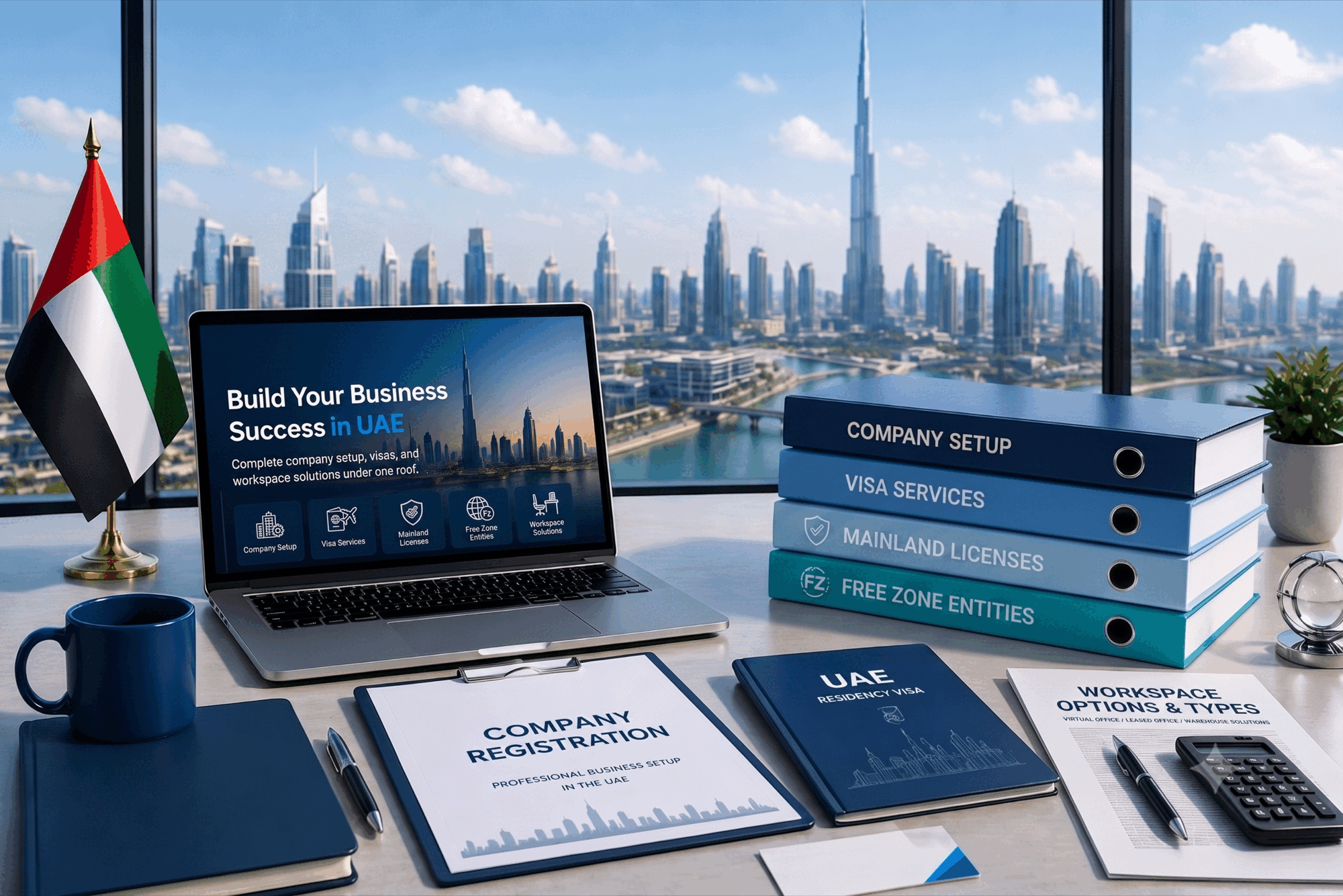 A laptop showing ProSuccess business setup services next to folders for company setup, visa services, mainland licences and free zone entities, with the Dubai skyline through the window