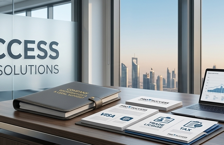 ProSuccess reception desk with company registration, visa, trade licence and tax brochures, overlooking the Dubai skyline
